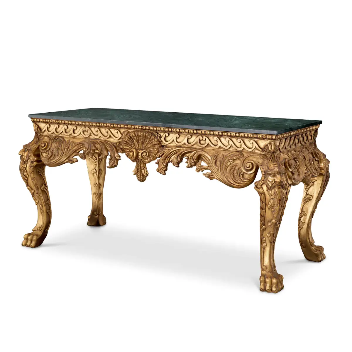 Ornate gold carved table with green marble top