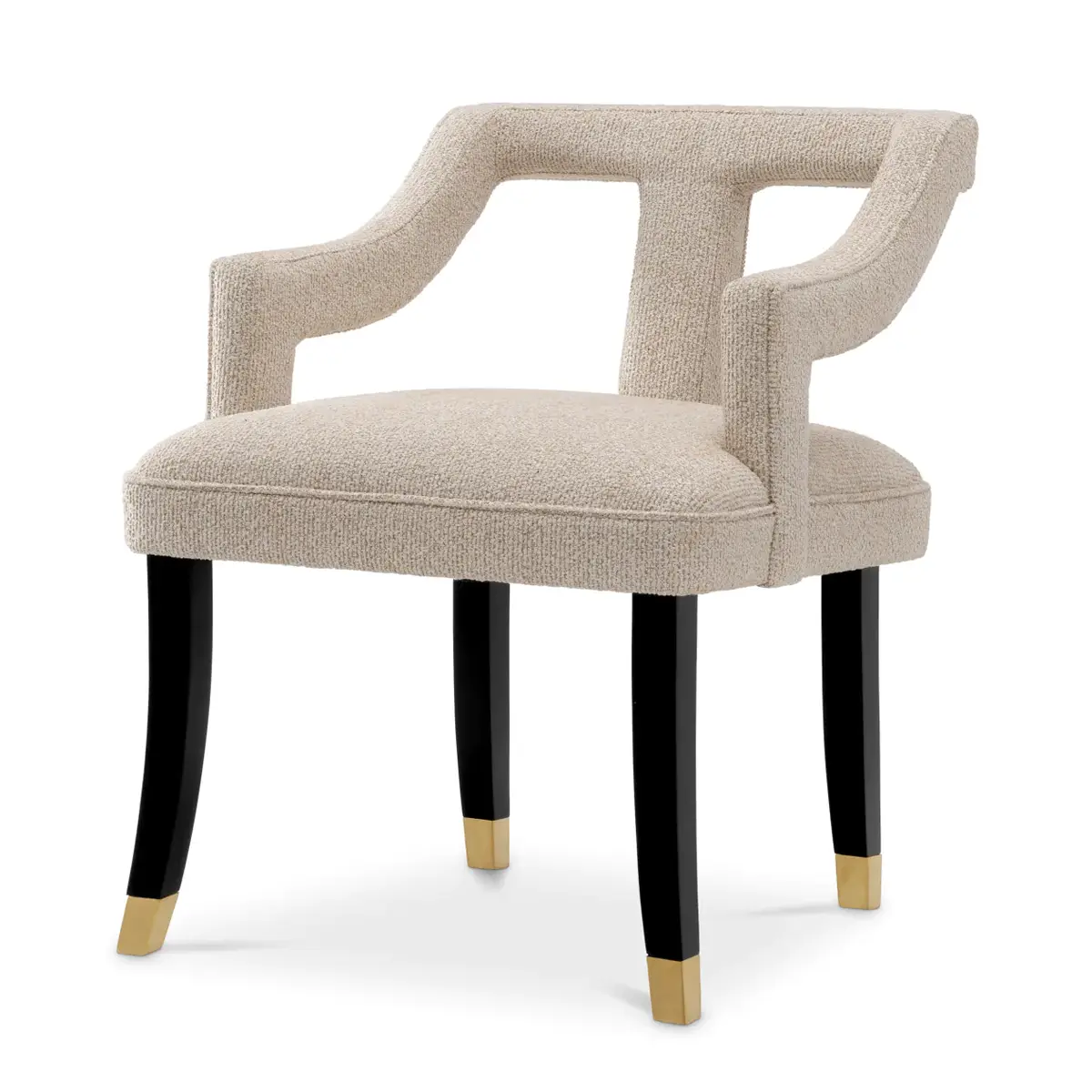 Modern chair with beige upholstery and black gold-tipped legs