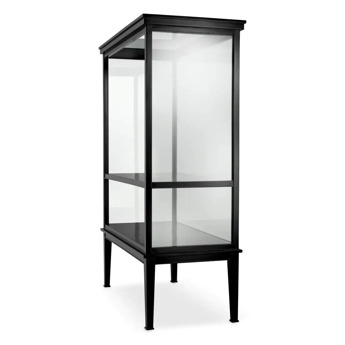 Black display cabinet with glass shelves isolated on white