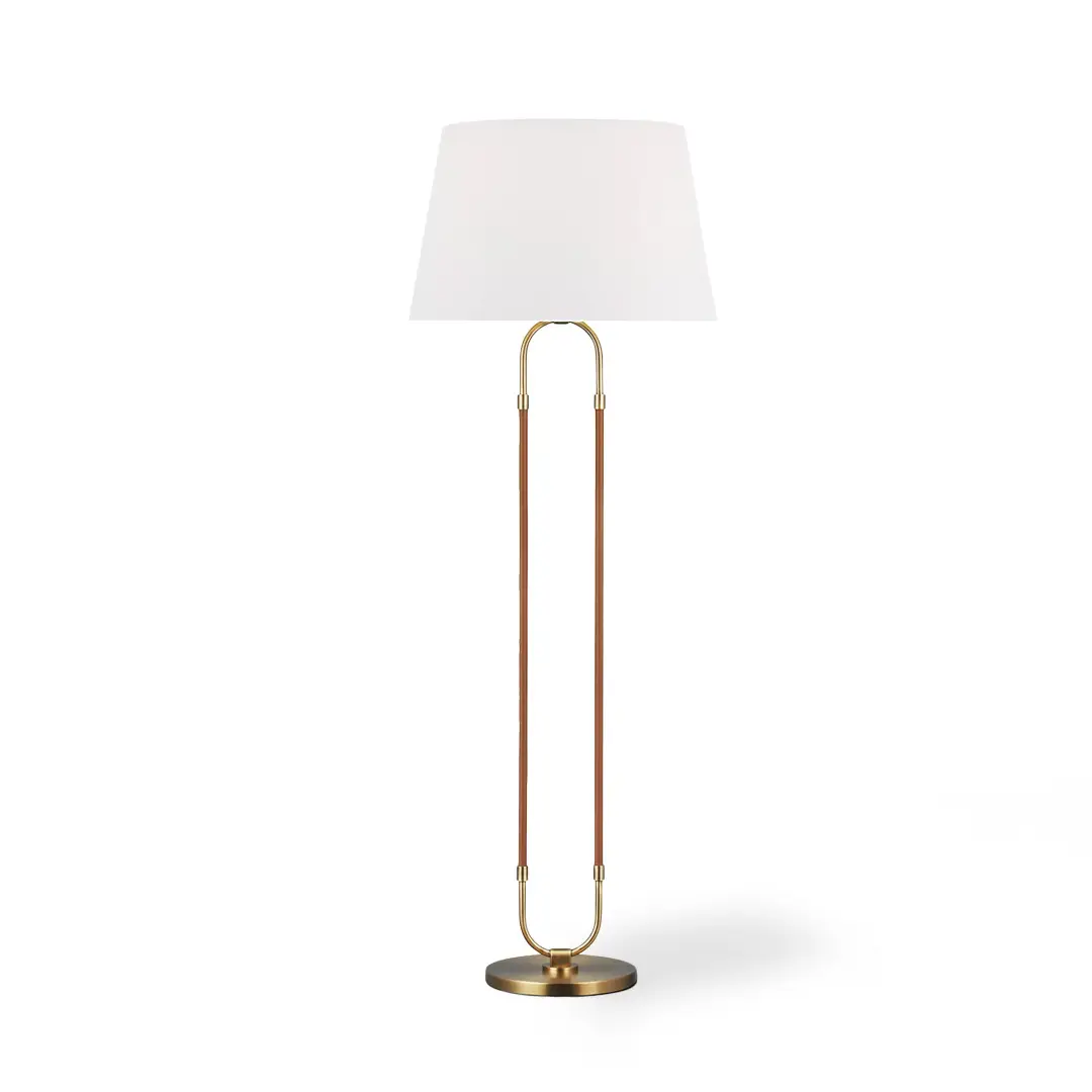 Elegant tall floor lamp with white shade and gold base