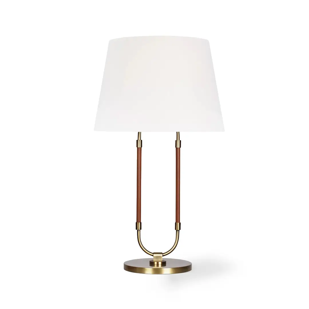Elegant brass and wood table lamp with white shade