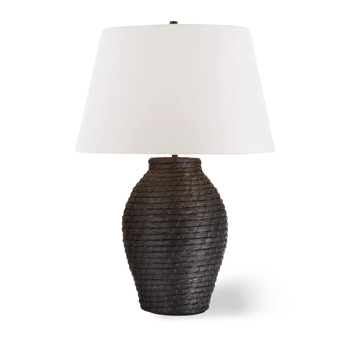 Textured black base table lamp with white shade