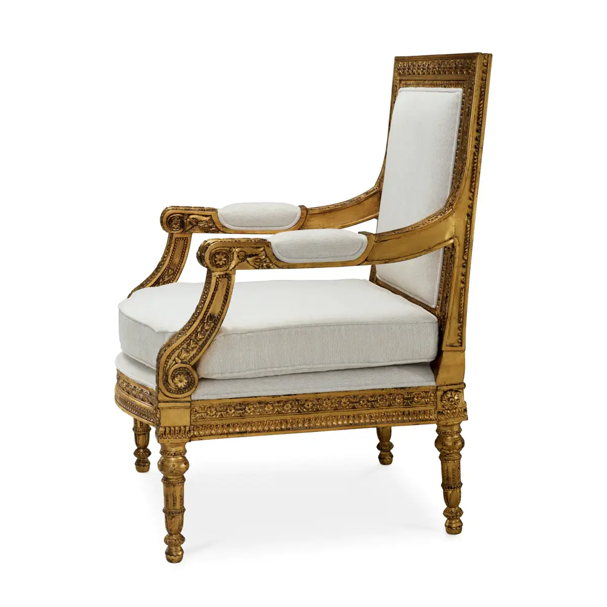 Antique gold frame chair with white cushions