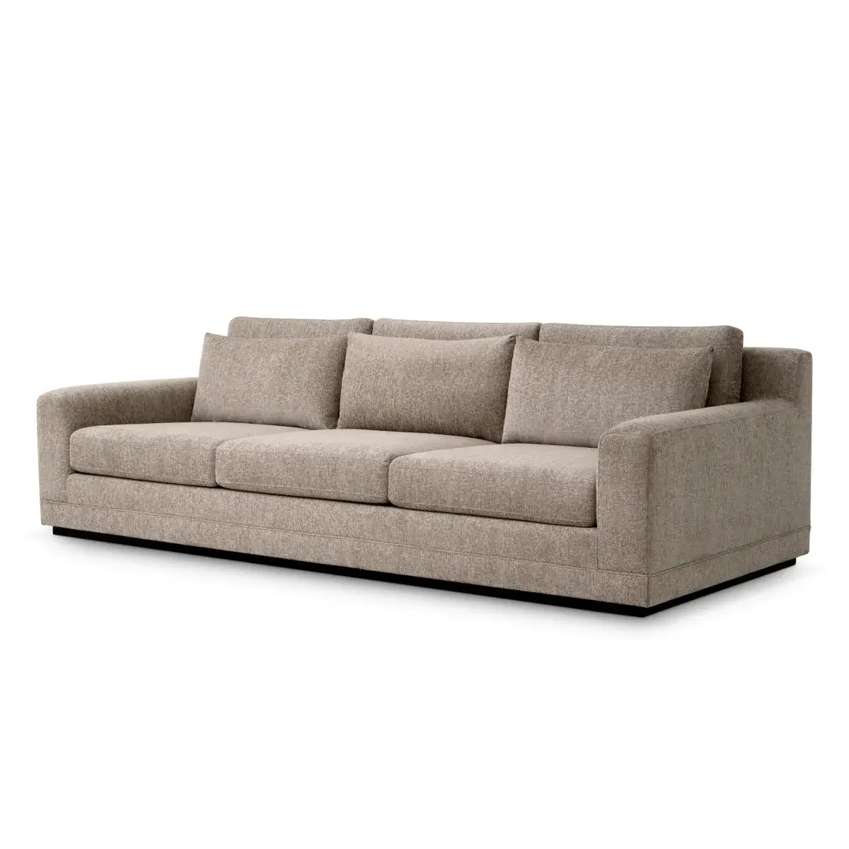 Modern beige fabric three-seater sofa on white background