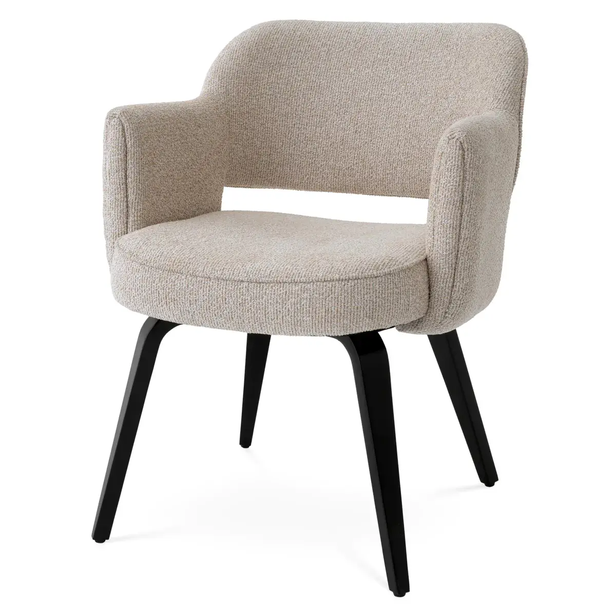 Modern beige fabric armchair with black wooden legs