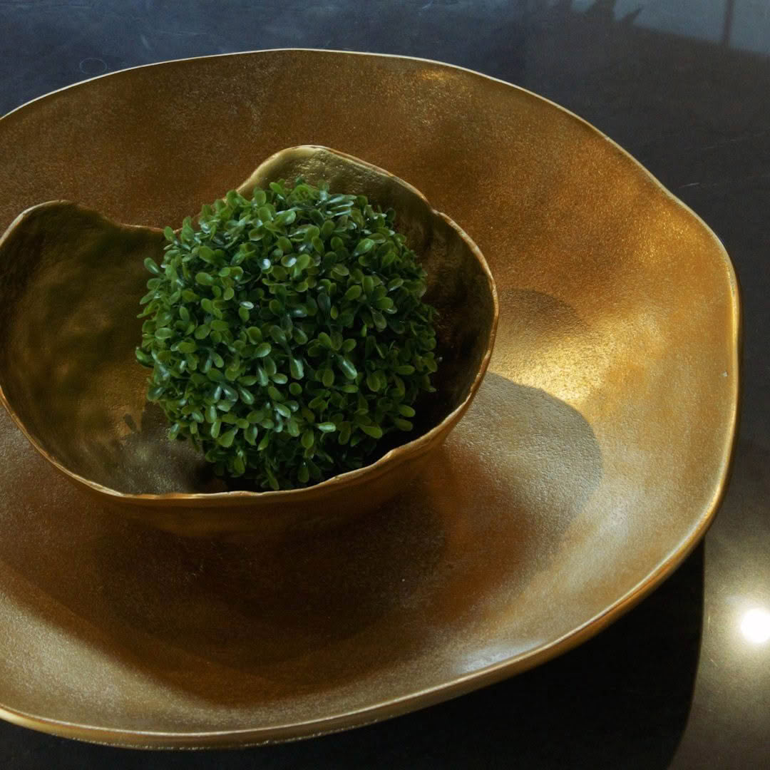 Small green plant in decorative golden bowl