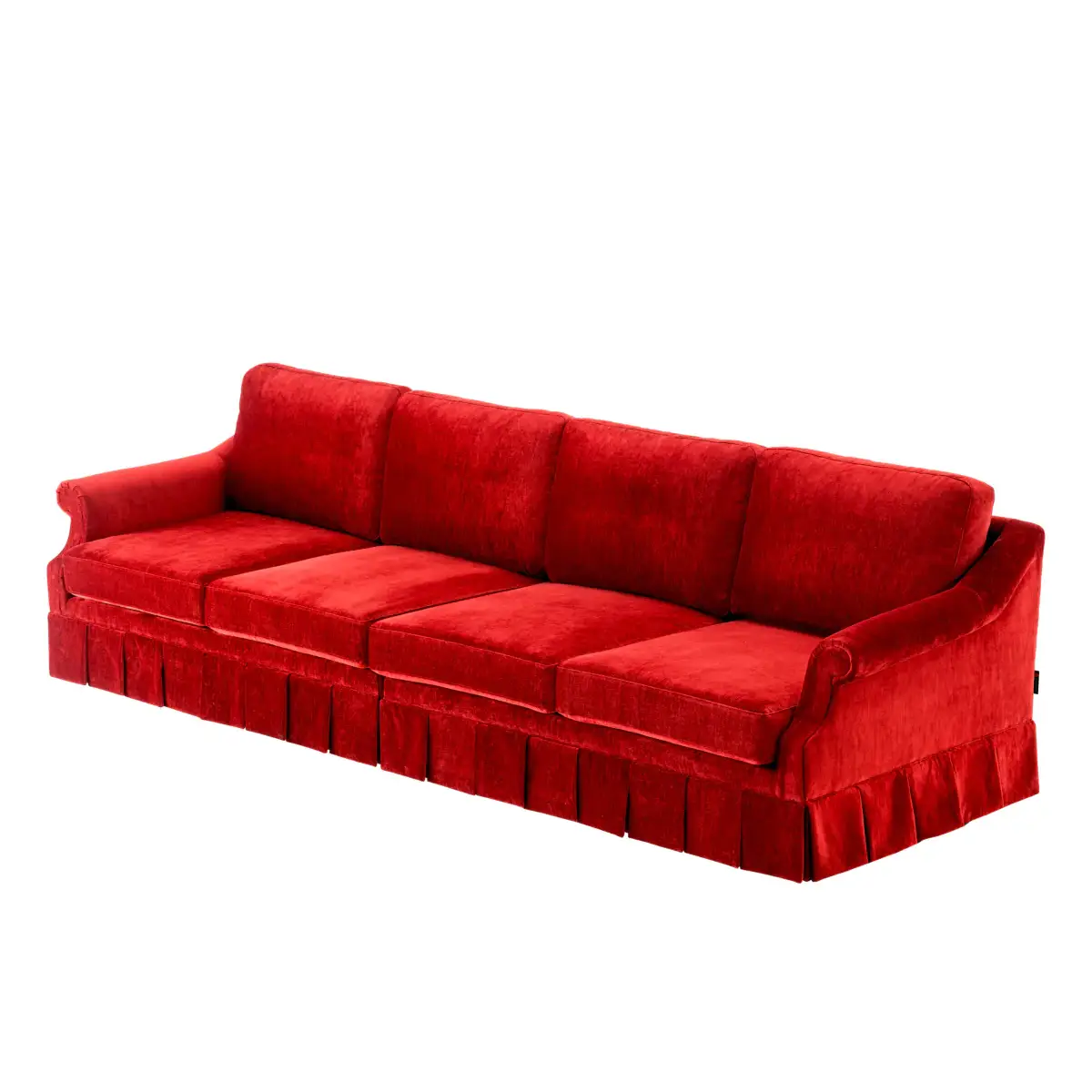 Large fluffy red velvet sofa with armrests