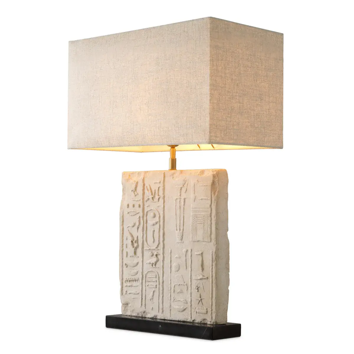 Table lamp with hieroglyphic stone base and rectangular shade