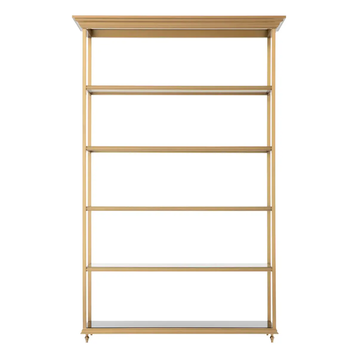 Tall gold metallic empty bookshelf isolated on white