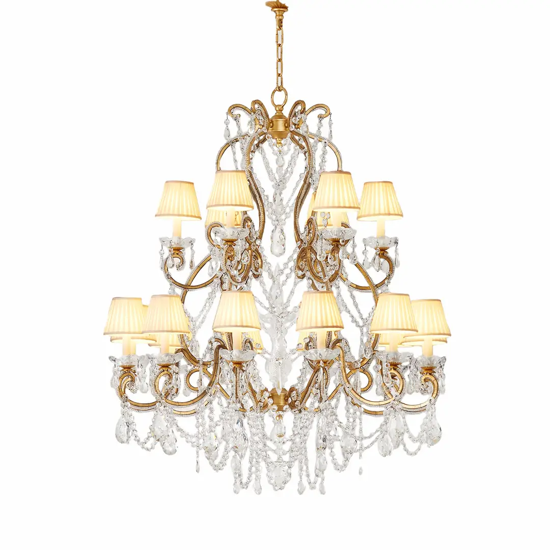 Elegant gold and crystal chandelier with lamps