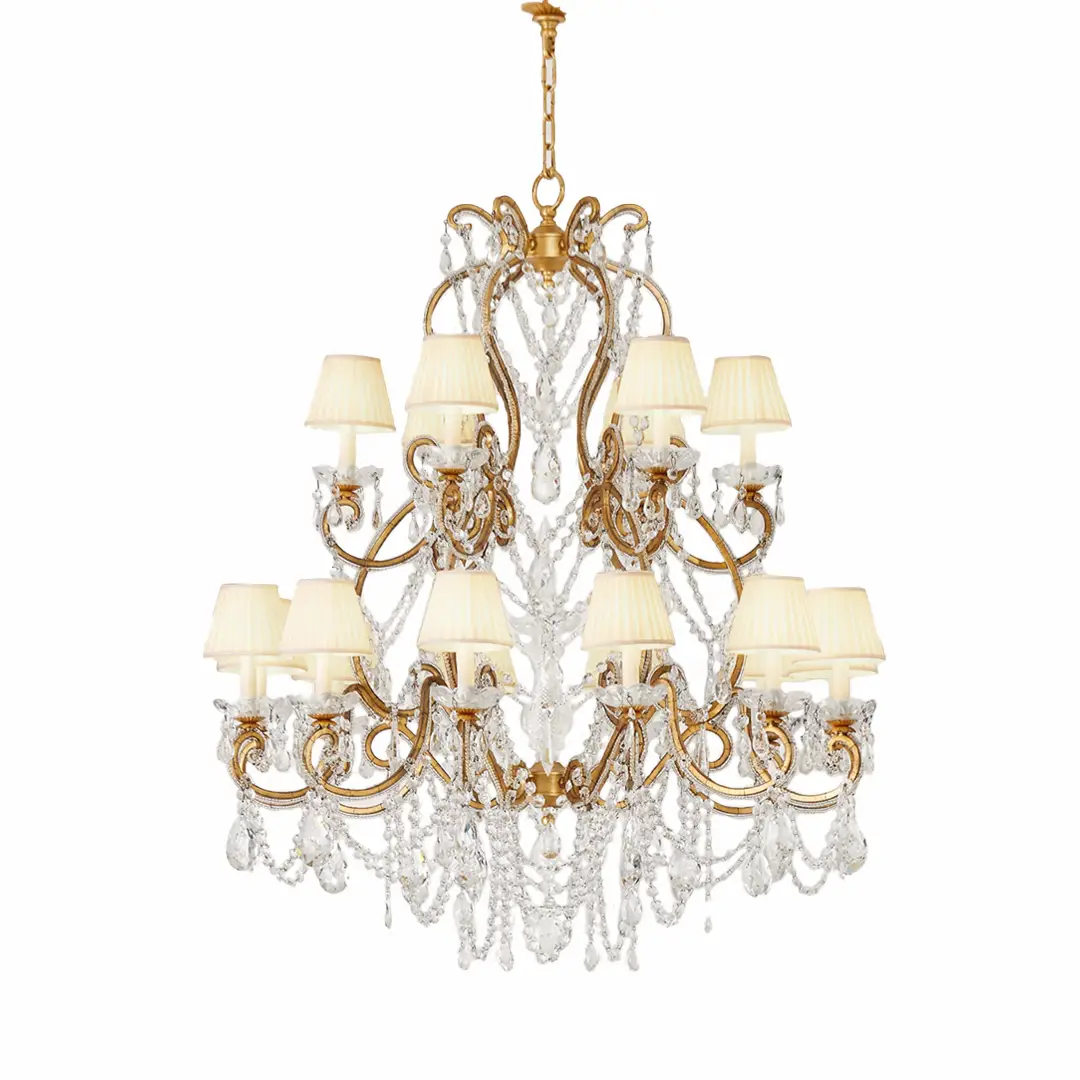 Elegant gold crystal chandelier with white lampshades