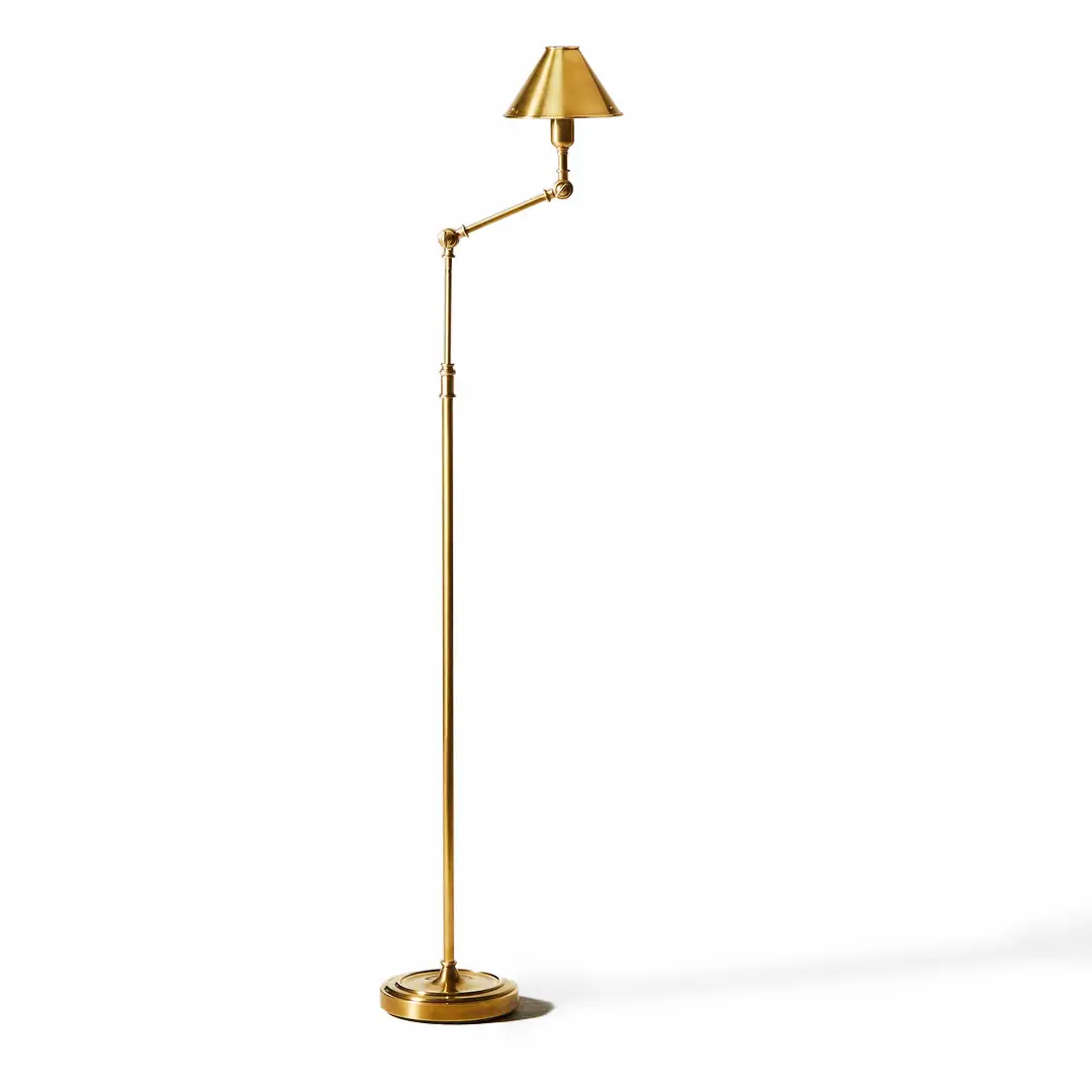Adjustable brass floor lamp on white background