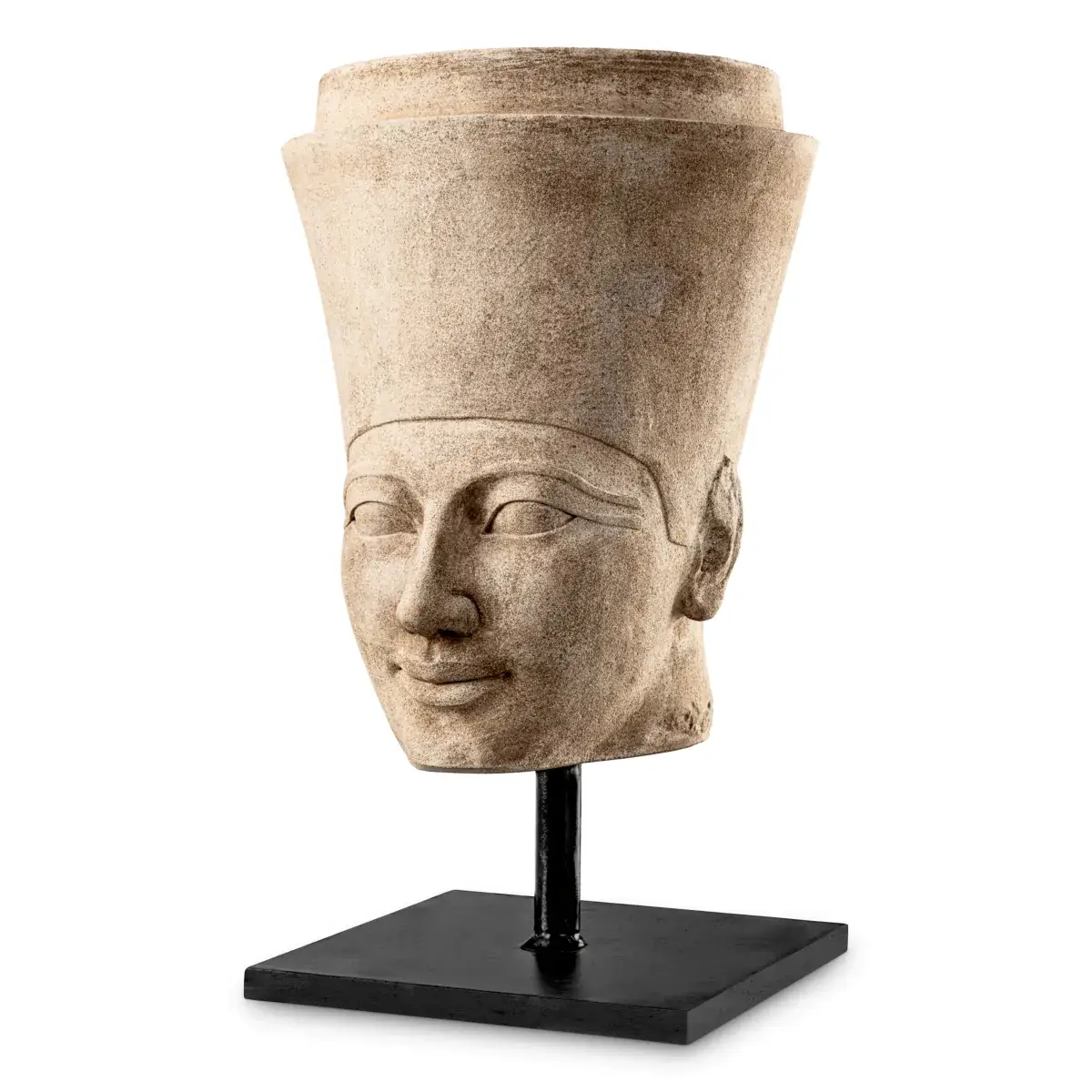 Ancient Egyptian-style stone head statue on display stand