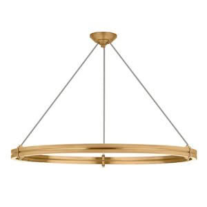 Gold circular pendant chandelier hanging from ceiling