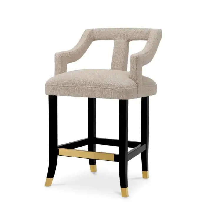 Elegant beige upholstered bar stool with black gold legs