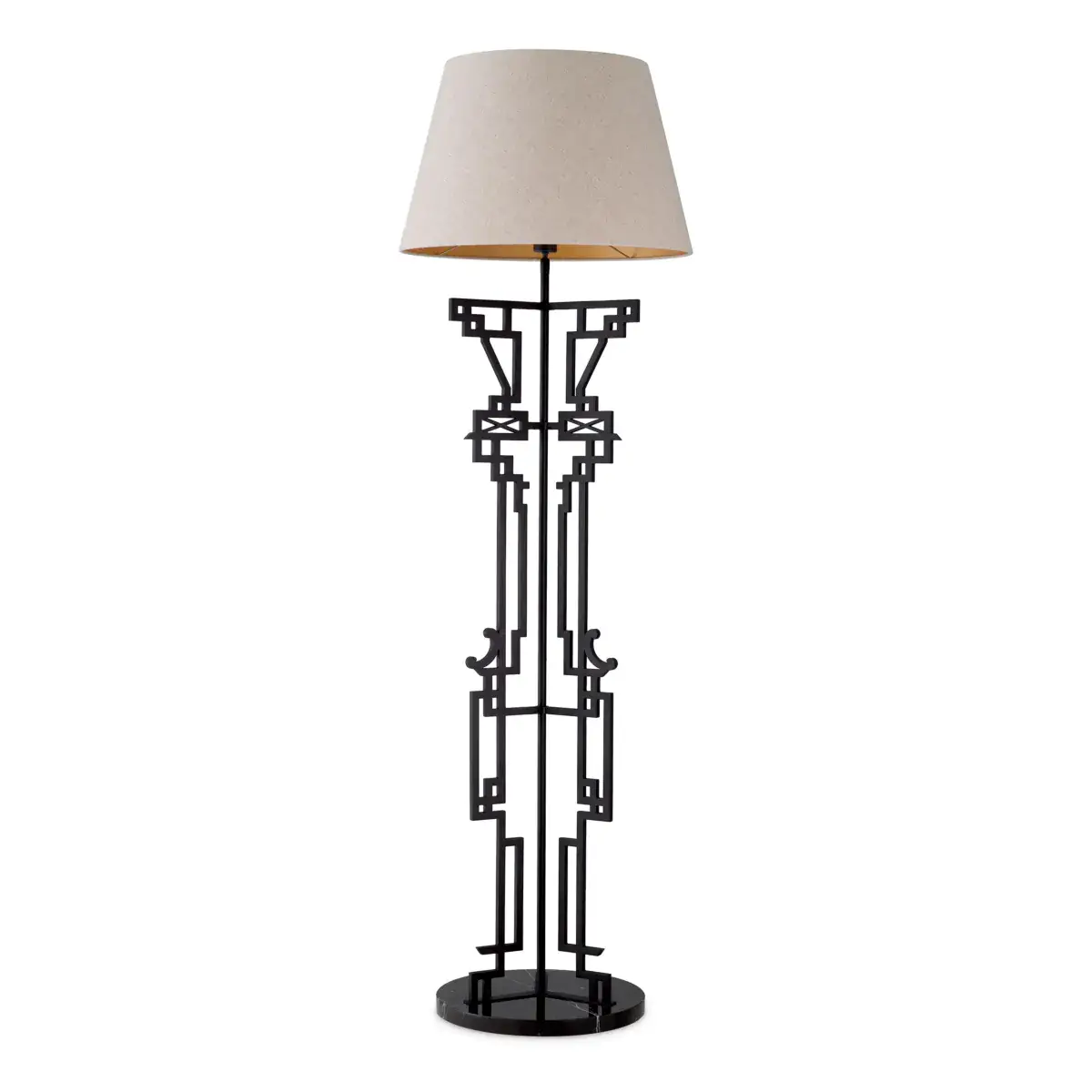Tall black floor lamp with geometric base and beige shade