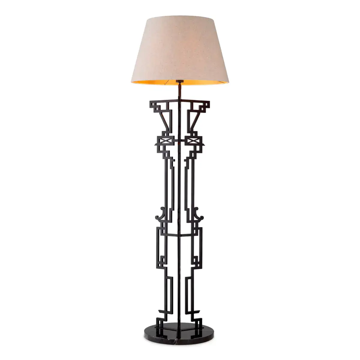 Tall black floor lamp with geometric design and beige shade