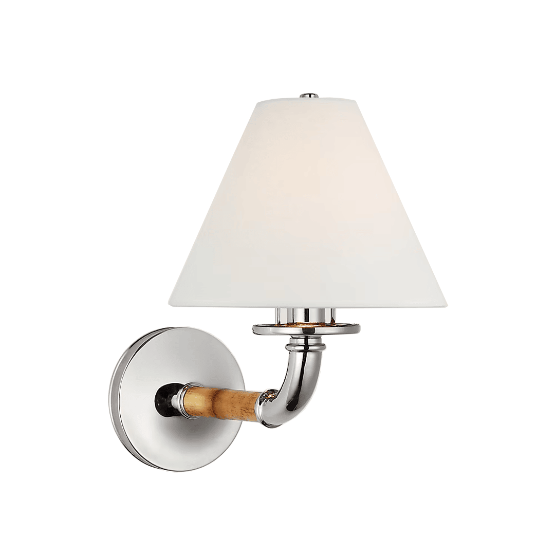 Wall-mounted lamp with white shade and wooden handle
