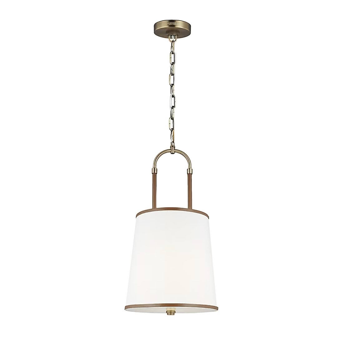 Elegant pendant light with white shade and brass accents