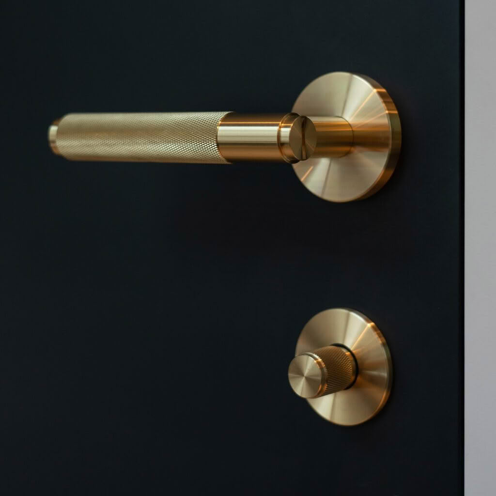 Gold handle on dark door, close-up view