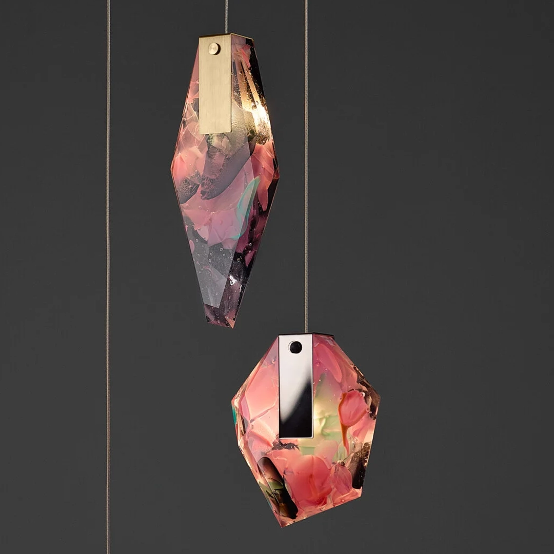 Geometric pendant lights with pink crystal design