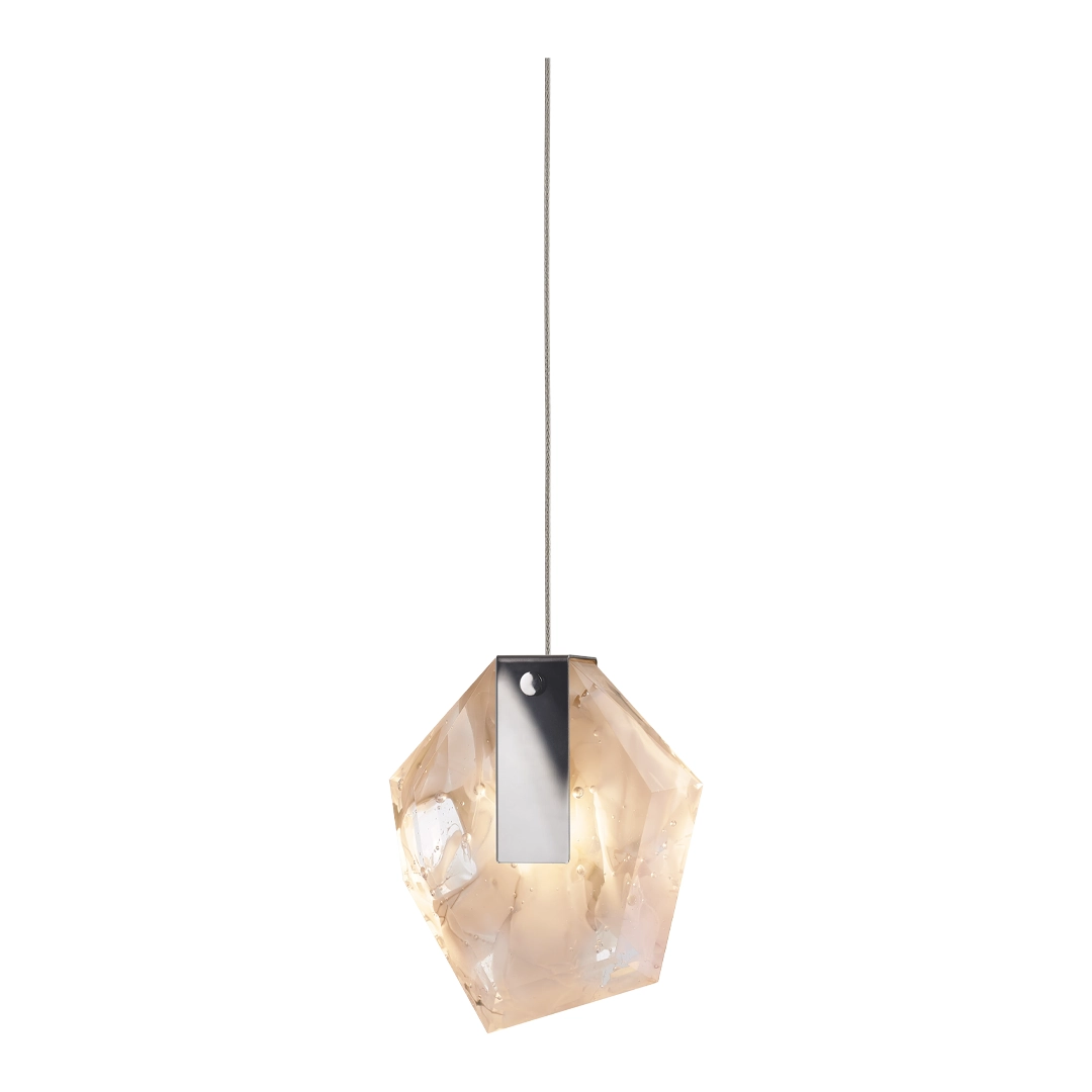 Geometric peach-tinted pendant light on white background