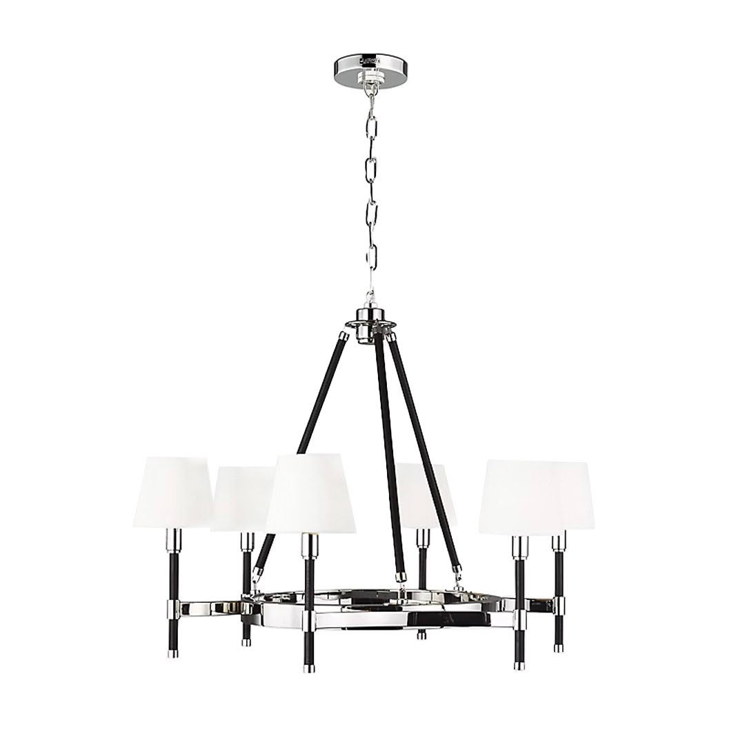 Modern chrome chandelier with white lampshades