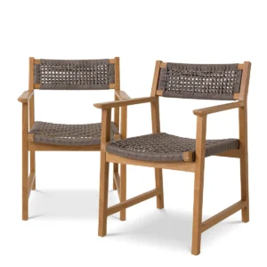 Two wooden armchairs with woven seats and backs.