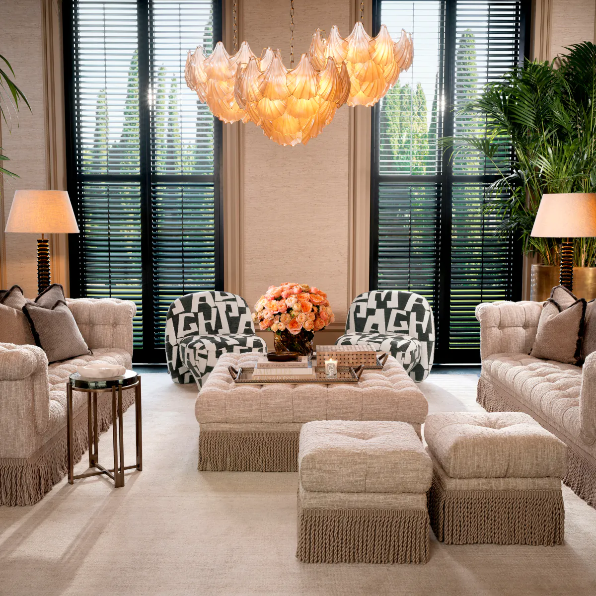 Elegant living room with stylish chandeliers and modern furniture