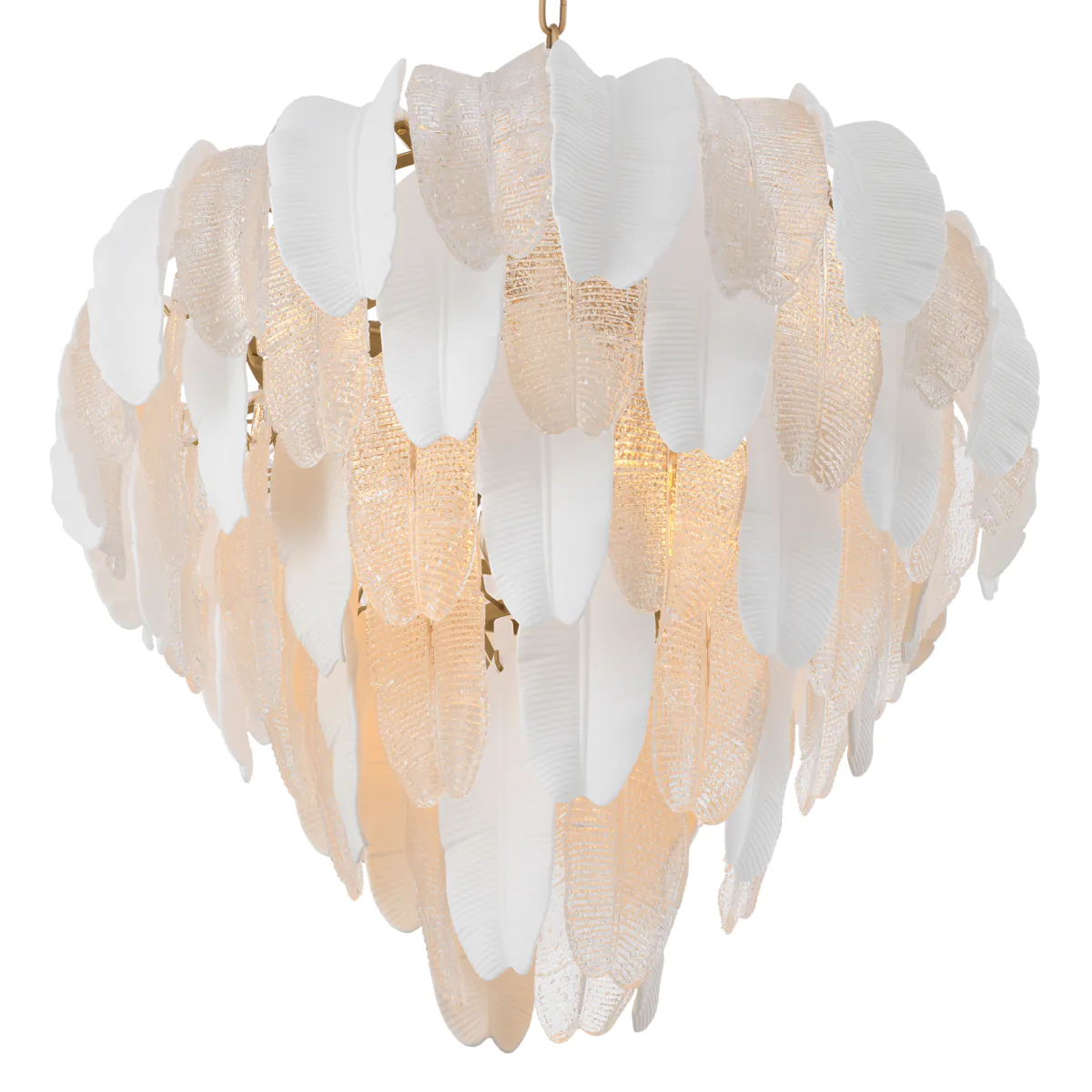 Elegant tiered white glass chandelier with golden glow