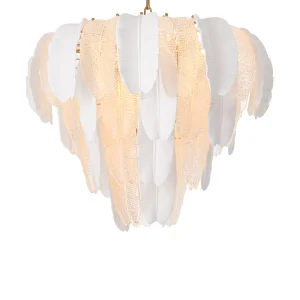 Elegant feather-designed hanging chandelier with warm glow