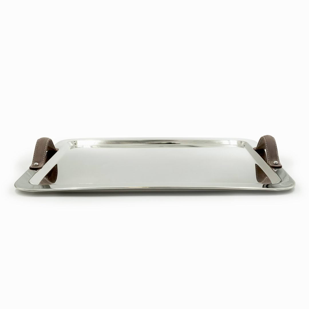 Silver serving tray with brown leather handles