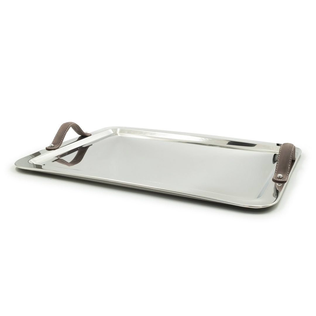 Stainless steel serving tray with leather handle
