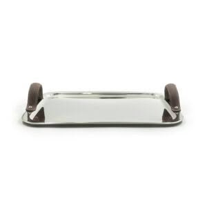 Rectangular metal serving tray with leather handles