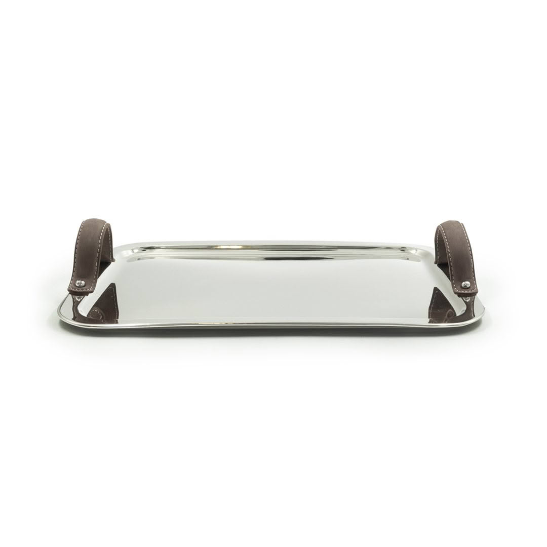 Rectangular metal serving tray with leather handles