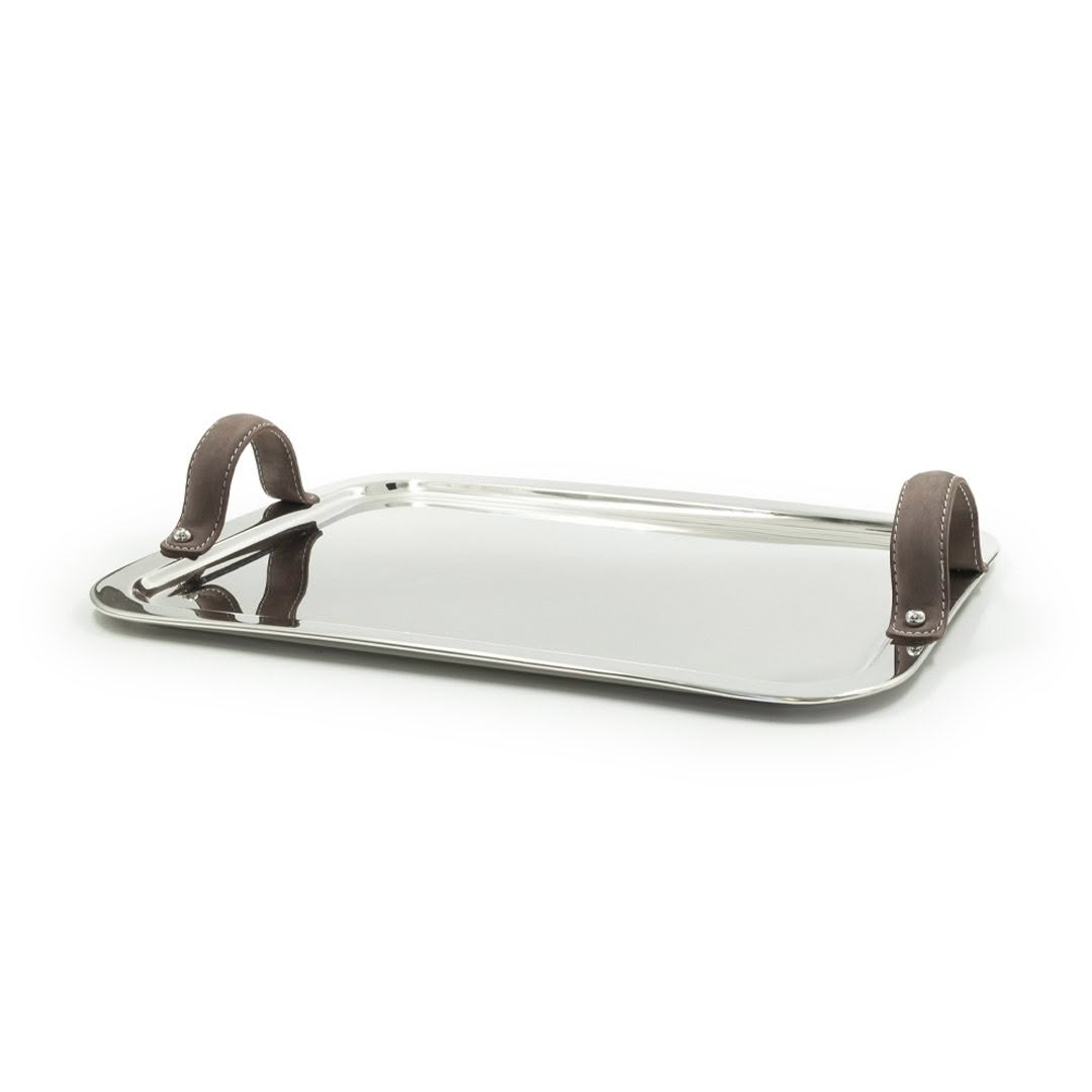 Rectangular metal tray with leather handles
