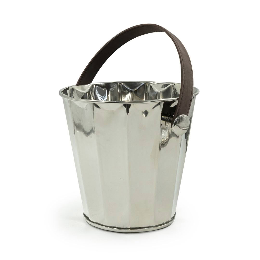 Silver ice bucket with leather handle