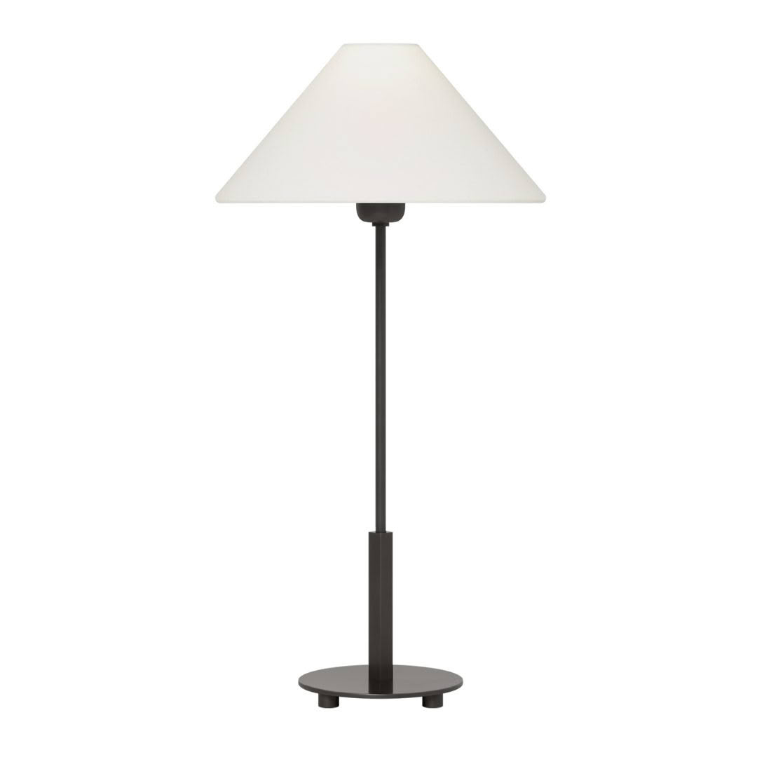 Tall black floor lamp with white shade