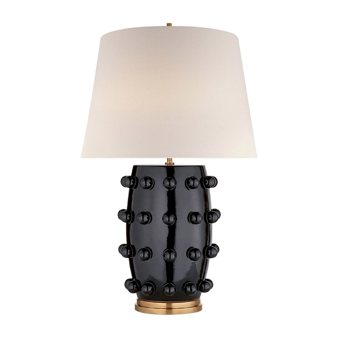 Elegant black lamp with spherical accents and white shade