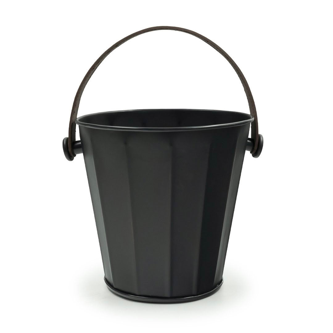 Black metal bucket with handle on white background