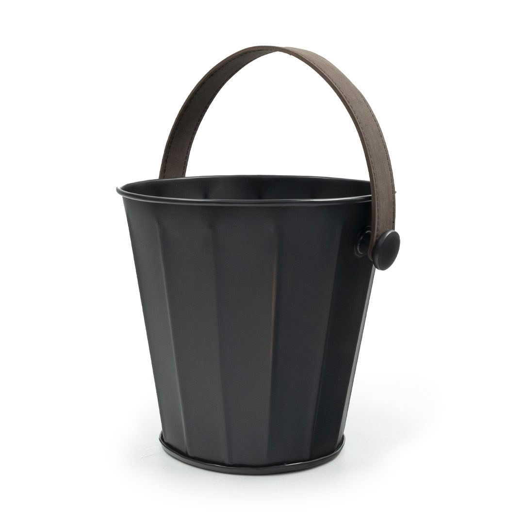 Black metal bucket with brown handle on white background