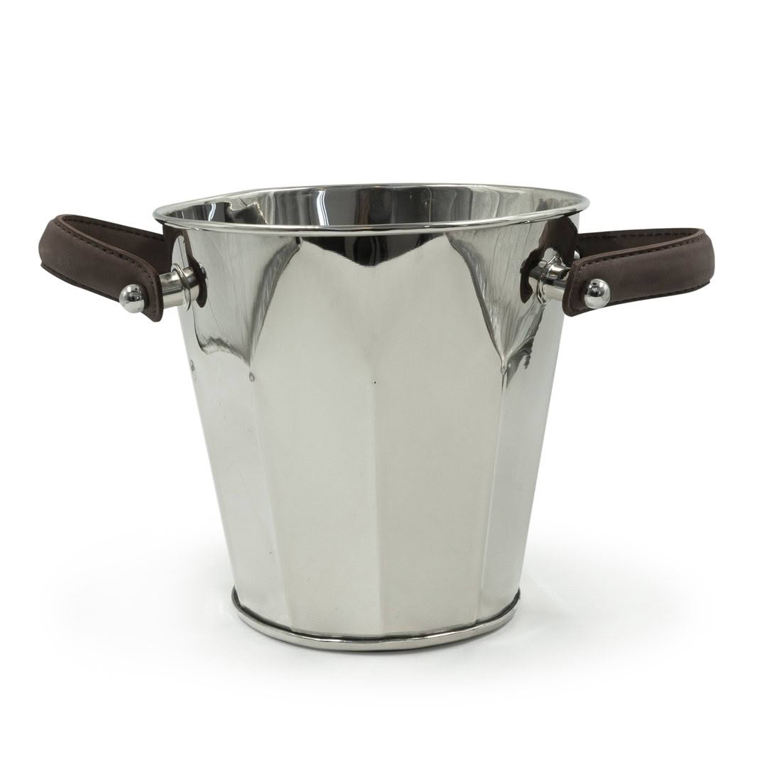 Shiny silver ice bucket with brown leather handles