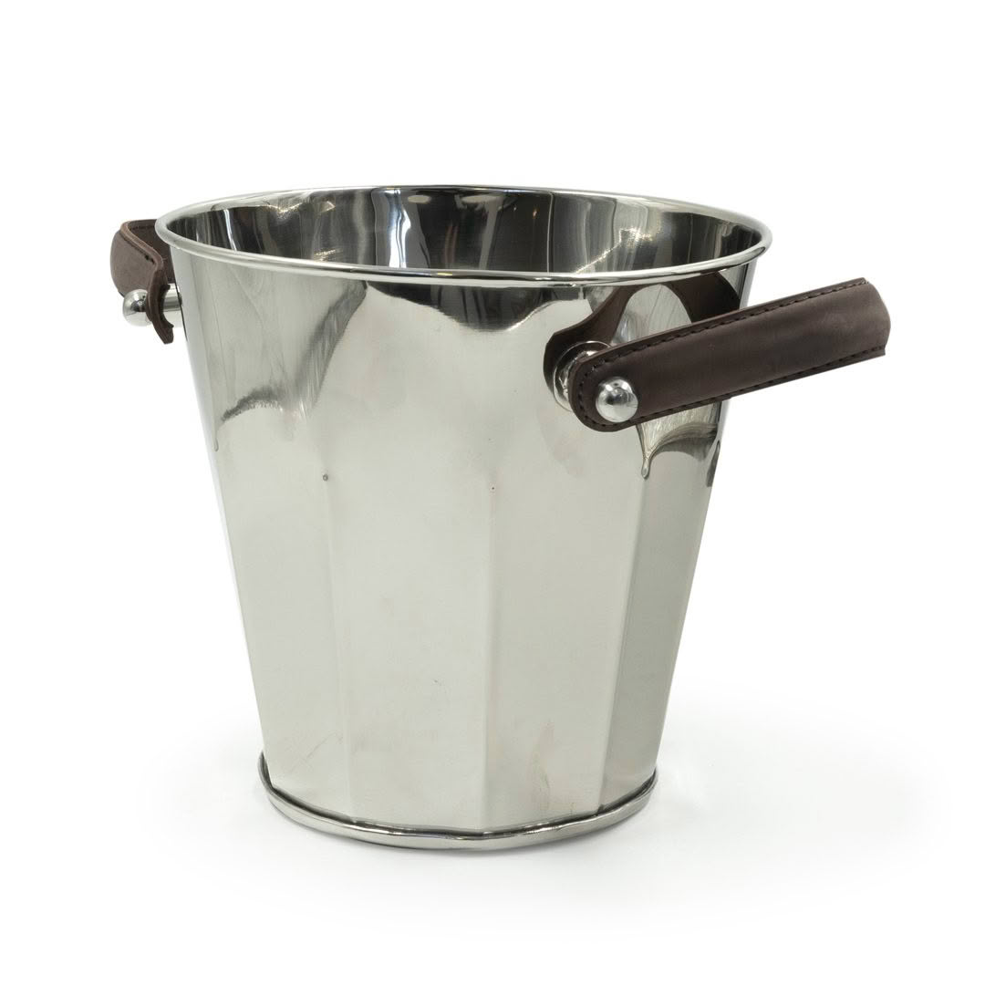 Shiny stainless steel bucket with brown handles