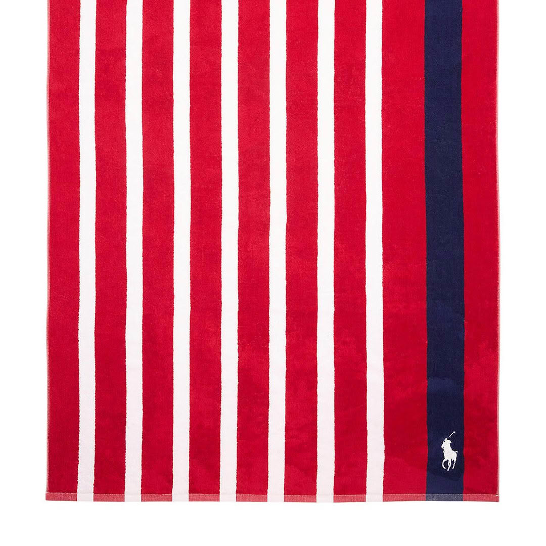 Red and white striped towel with single blue stripe