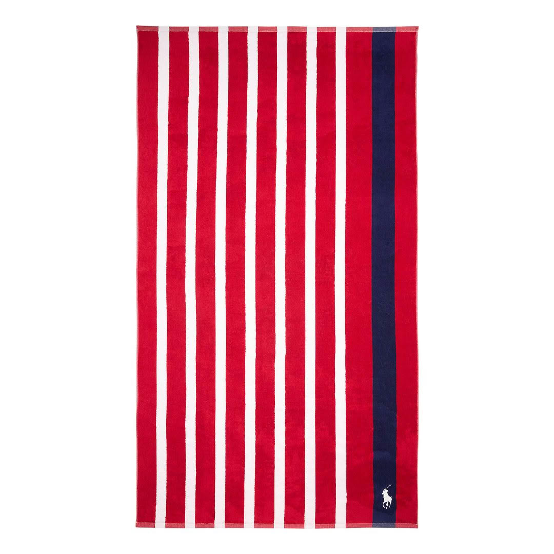 Red and white striped towel with single blue stripe