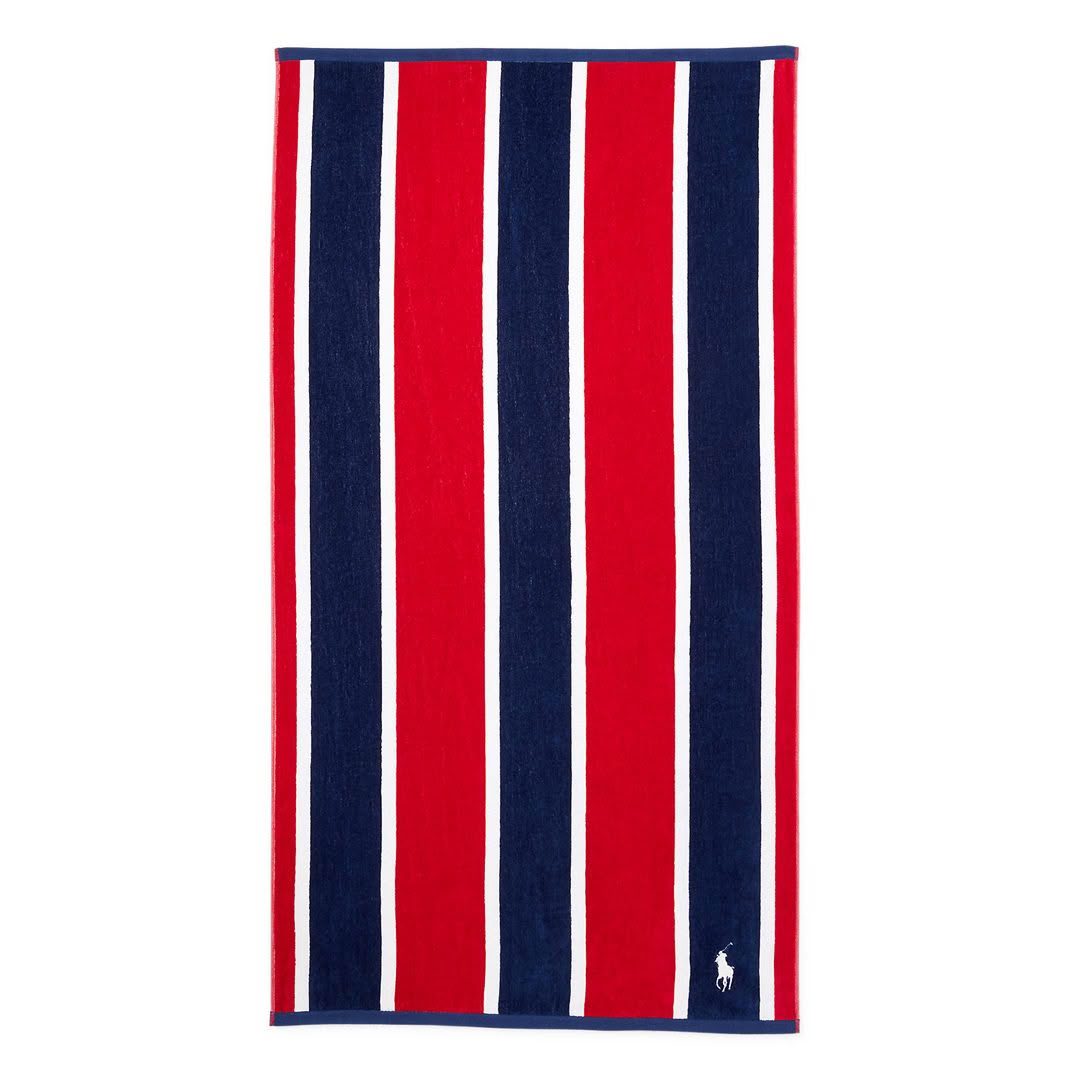 Red and navy striped beach towel with logo