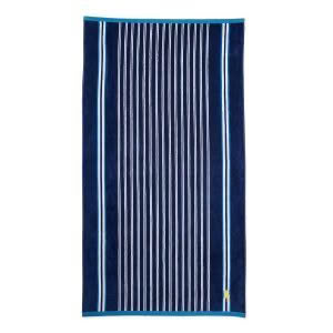 Navy blue beach towel with white vertical stripes