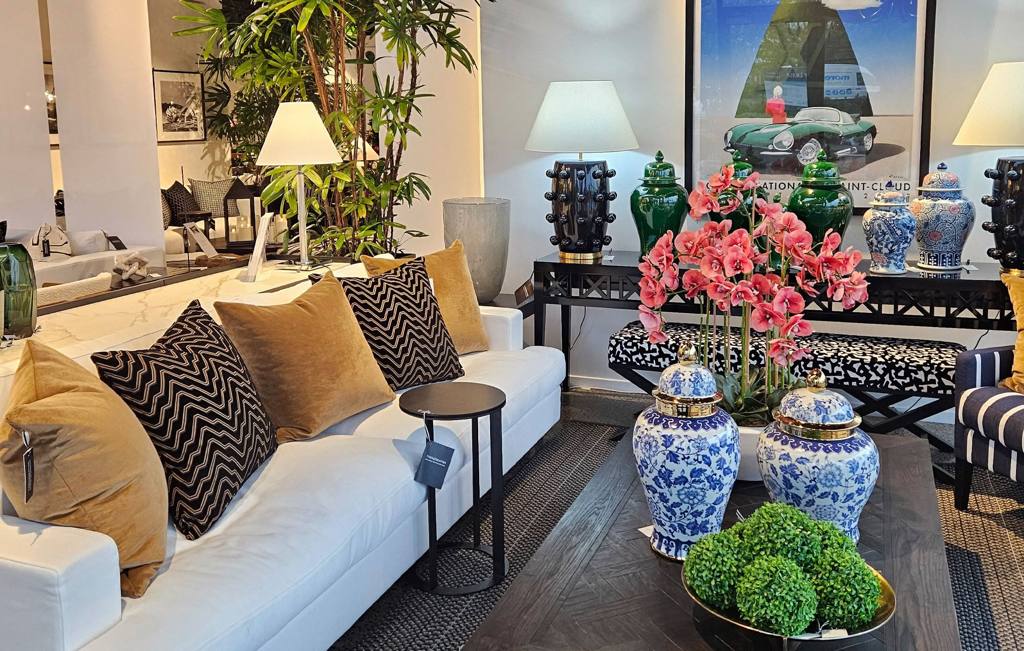 Elegant living room with lush plants and stylish decor