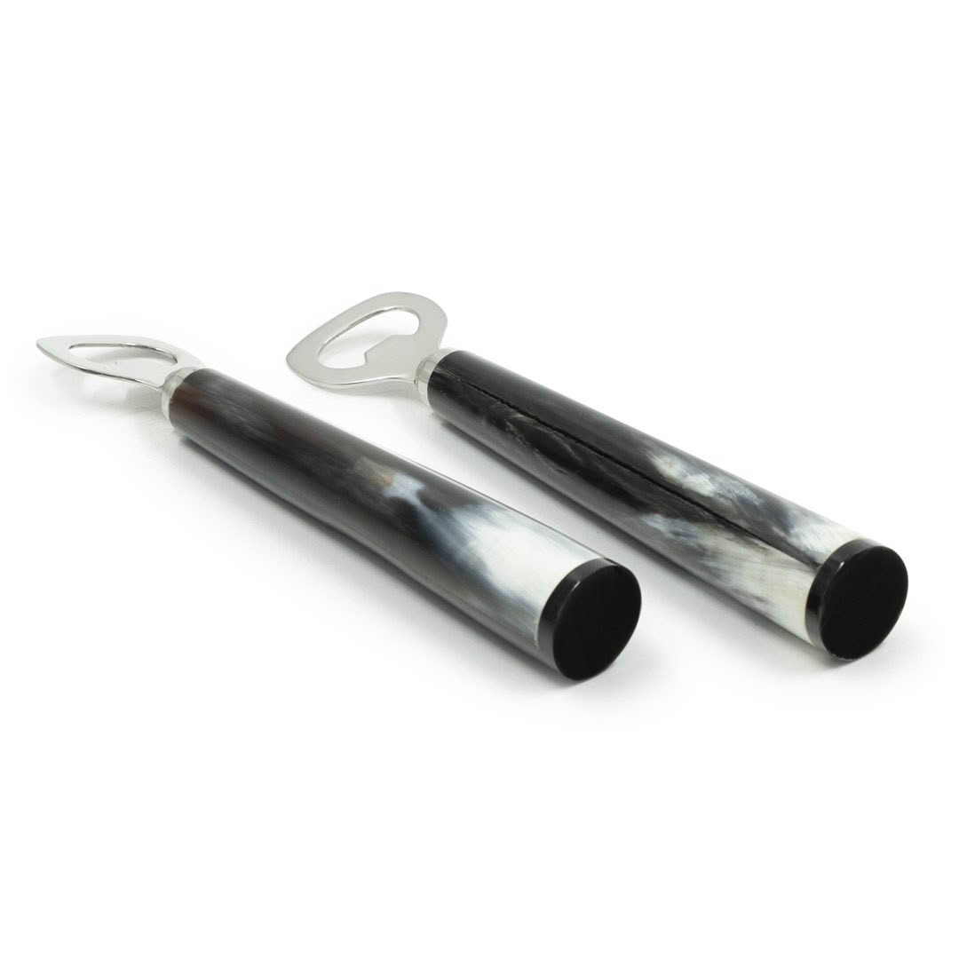 Two horn handled bottle openers on white background