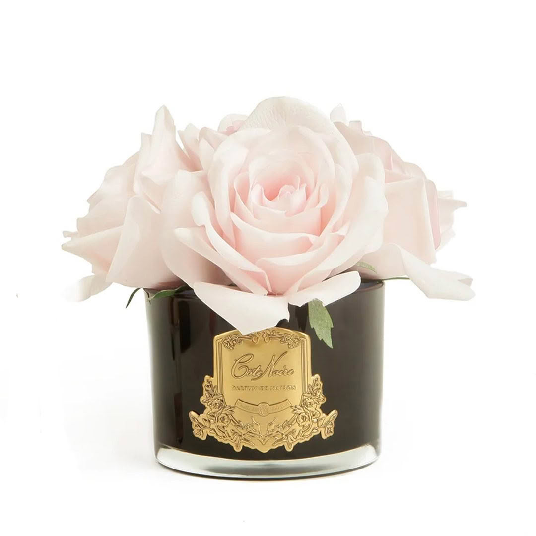Pale pink rose in elegant black container